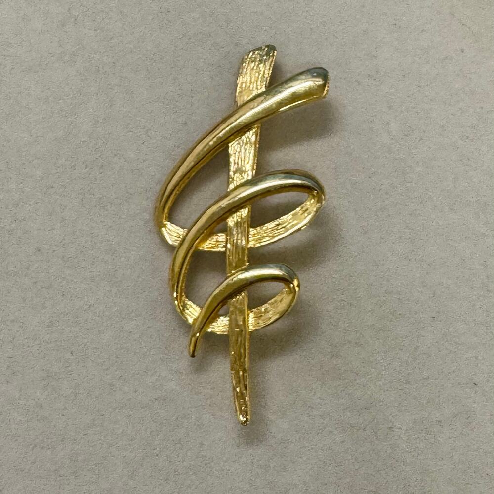 VTG Swirl Tornado Cyclone Brooch Pin Gold Tone Shiny Textured Abstract Unsigned